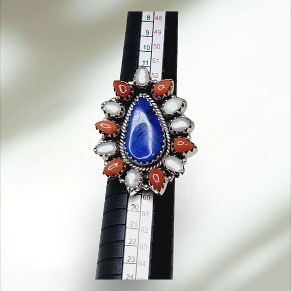 Handmade Adjustable Sterling Silver 925 Lapis Coral Pearl Statement Ring S7 - Picture 9 of 12
